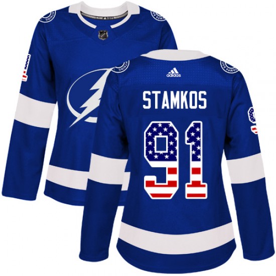 Adidas Tampa Bay Lightning #91 Steven Stamkos Blue Home Authentic USA Flag Women Stitched NHL Jersey->women nhl jersey->Women Jersey